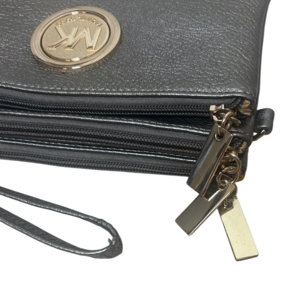 Michael Kors Crossbody Wristlet Metallic Multi Compartments Pewter Silver Gold